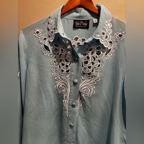Bob Mackie Light Blue Wearable Art Shirt cut-out medium silk elegant western - Picture 3 of 14